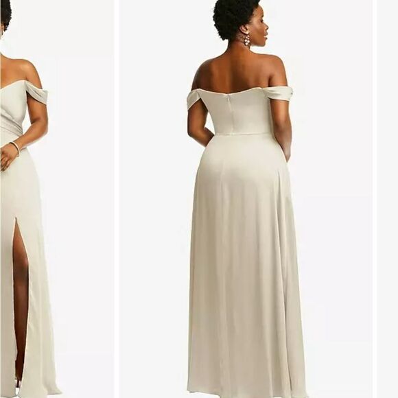 NWT Dessy Collection Off Shoulder Satin Maxi Dress Champagne Cream Color Size 18 - Picture 14 of 15